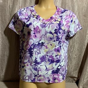 Alfred Dunner Purple Pink Floral V-Neck Blouse